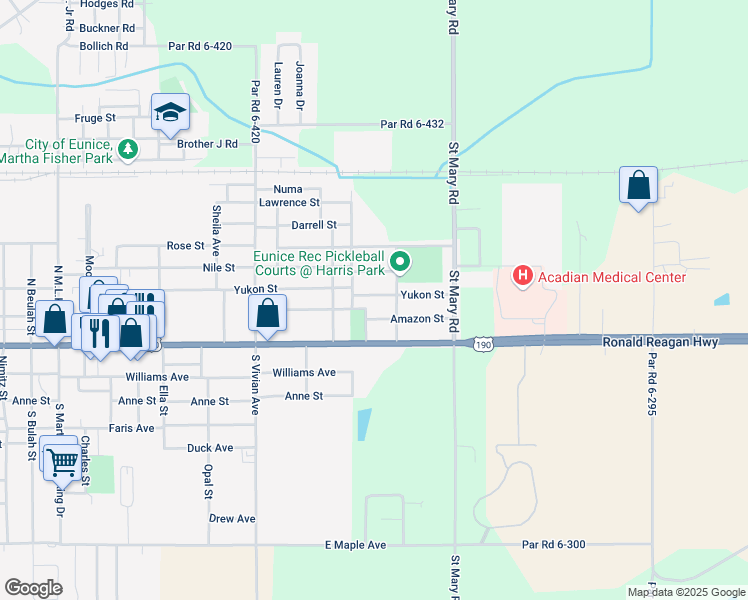 map of restaurants, bars, coffee shops, grocery stores, and more near 1631 Yukon Street in Eunice
