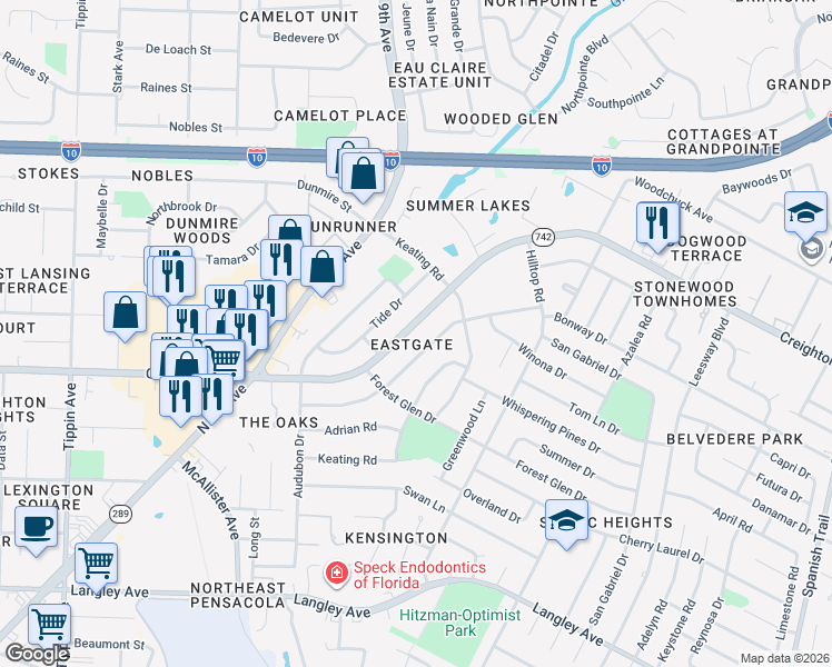 map of restaurants, bars, coffee shops, grocery stores, and more near 3211 Creighton Road in Pensacola