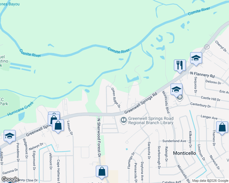 map of restaurants, bars, coffee shops, grocery stores, and more near 5120 Green Ridge Drive in Baton Rouge