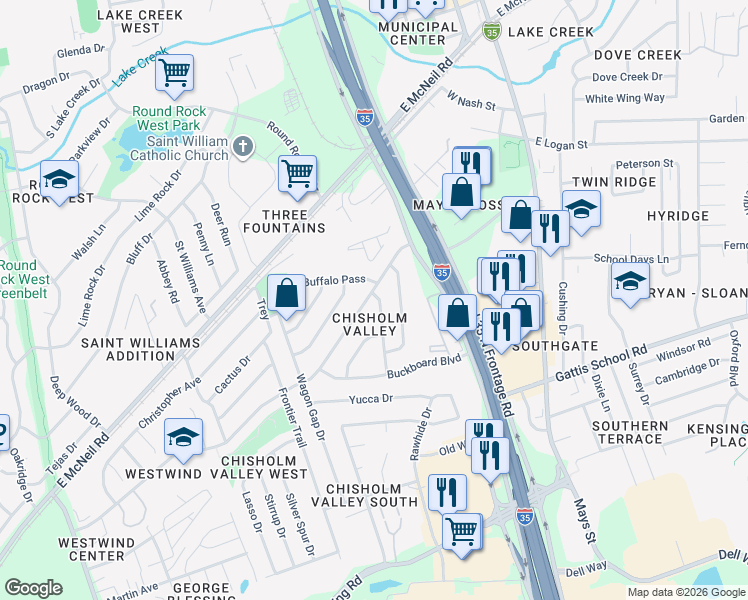 map of restaurants, bars, coffee shops, grocery stores, and more near 505 Chisholm Valley Drive in Round Rock