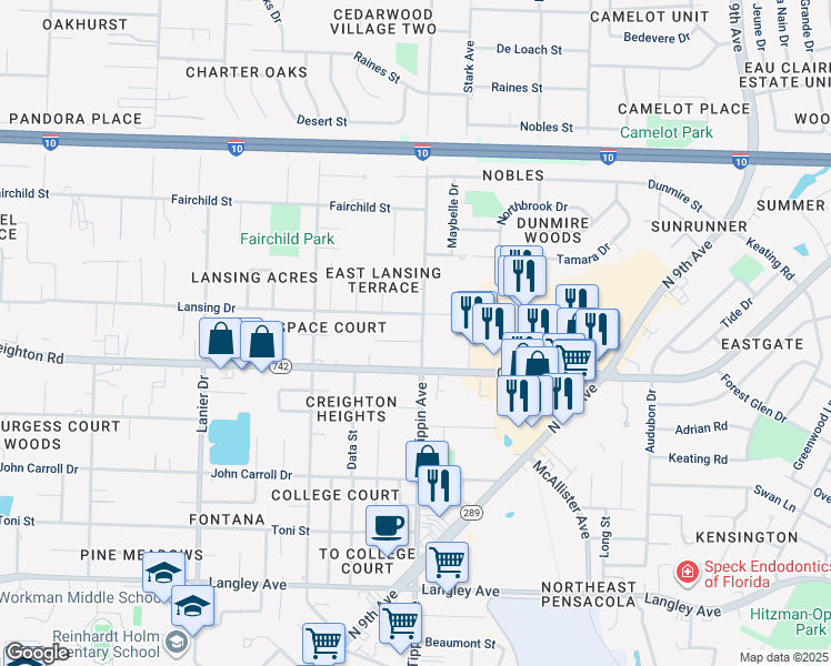 map of restaurants, bars, coffee shops, grocery stores, and more near 2370 Teate Avenue in Pensacola