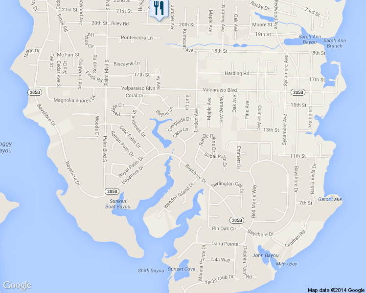 map of restaurants, bars, coffee shops, grocery stores, and more near 1051 Everglade Dr in Niceville