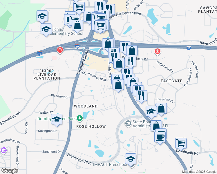 map of restaurants, bars, coffee shops, grocery stores, and more near 1648 Eagles Landing Boulevard in Tallahassee