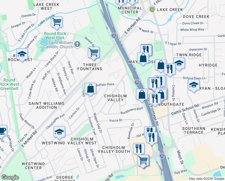 map of restaurants, bars, coffee shops, grocery stores, and more near 505 Chisholm Valley Drive in Round Rock