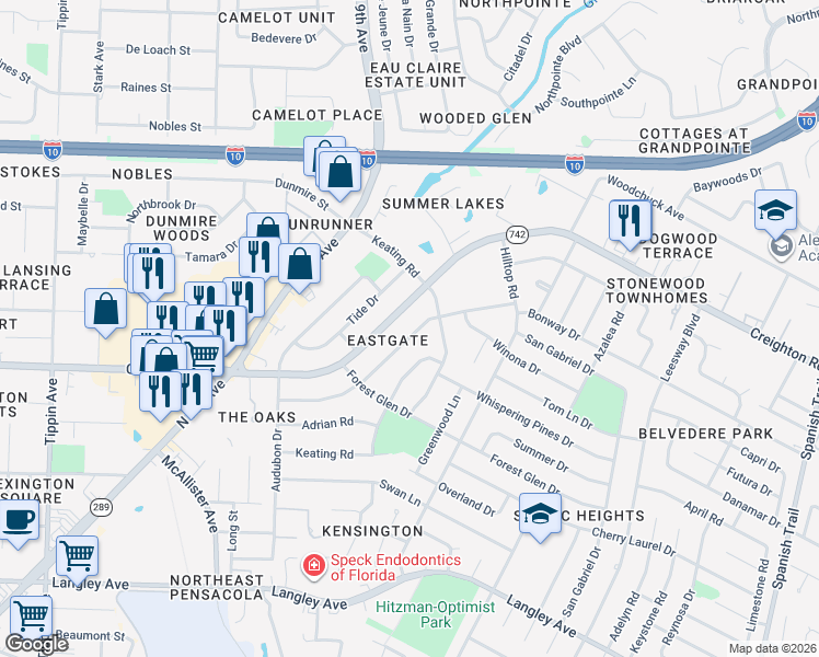 map of restaurants, bars, coffee shops, grocery stores, and more near 3211 Creighton Road in Pensacola