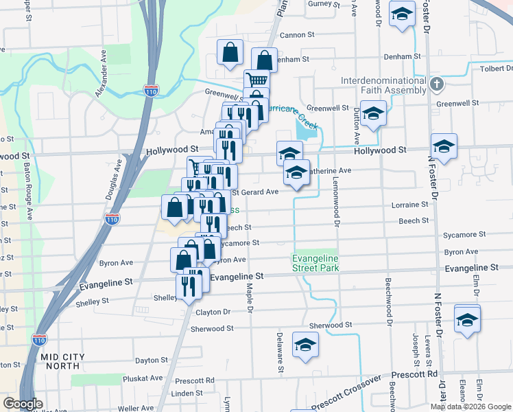 map of restaurants, bars, coffee shops, grocery stores, and more near 3737 Lorraine Street in Baton Rouge