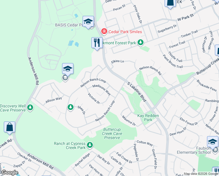 map of restaurants, bars, coffee shops, grocery stores, and more near 2101 Nelson Ranch Loop in Cedar Park