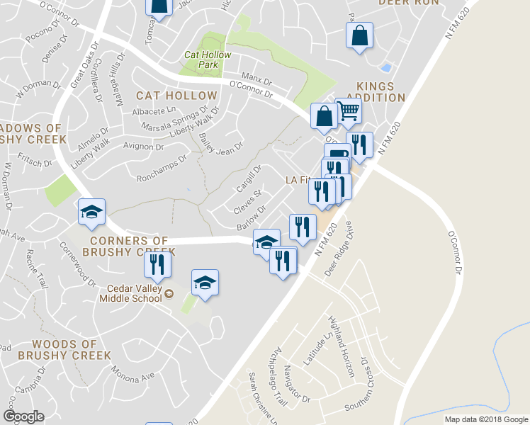 map of restaurants, bars, coffee shops, grocery stores, and more near 4027 Barlow Drive in Round Rock