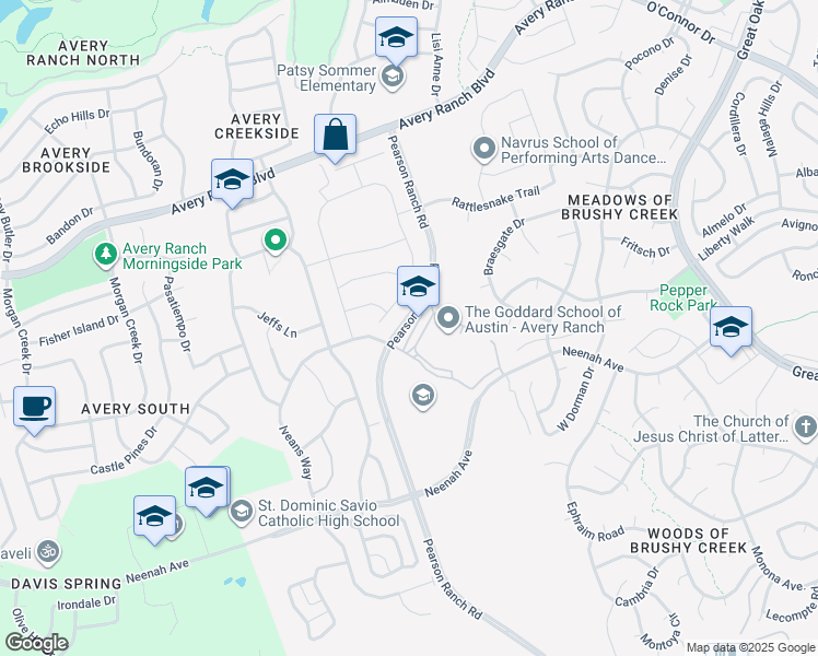 map of restaurants, bars, coffee shops, grocery stores, and more near 8901 Pearson Ranch Road in Austin