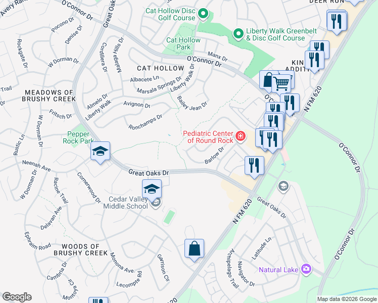 map of restaurants, bars, coffee shops, grocery stores, and more near 5026 Barlow Drive in Round Rock