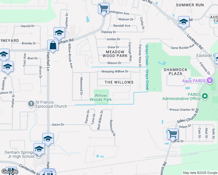 map of restaurants, bars, coffee shops, grocery stores, and more near 1430 Basswood Drive in Denham Springs