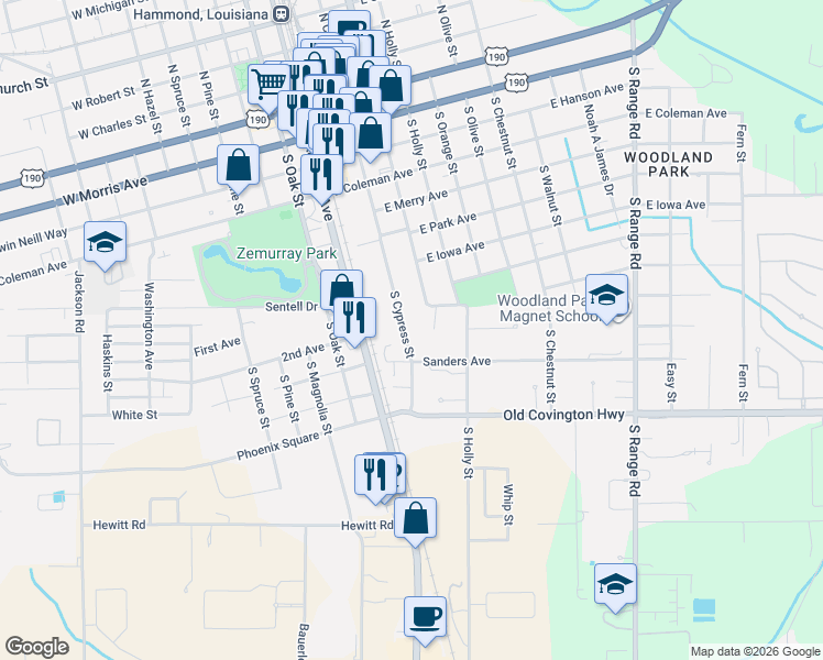 map of restaurants, bars, coffee shops, grocery stores, and more near 820 South Cypress Street in Hammond