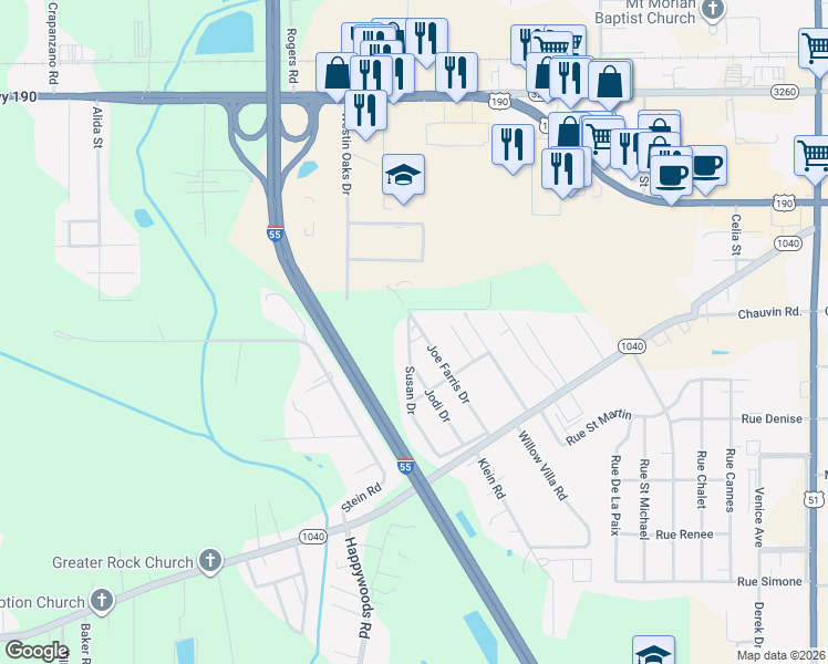 map of restaurants, bars, coffee shops, grocery stores, and more near 500 Joe Farris Drive in Hammond
