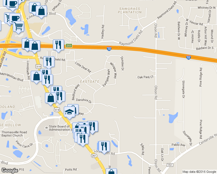 map of restaurants, bars, coffee shops, grocery stores, and more near 3205 Shimmy Ln in Tallahassee