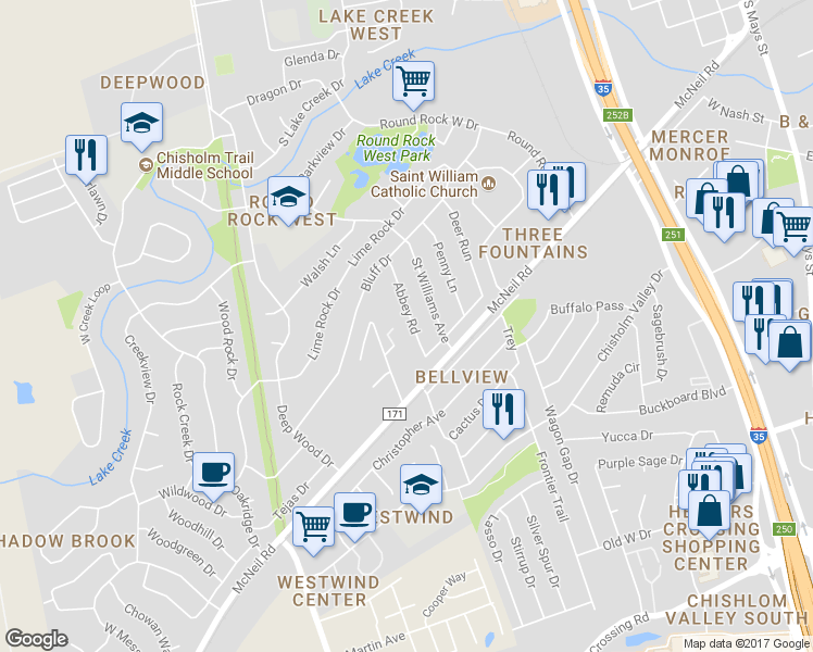 map of restaurants, bars, coffee shops, grocery stores, and more near 1300 Abbey Road in Round Rock