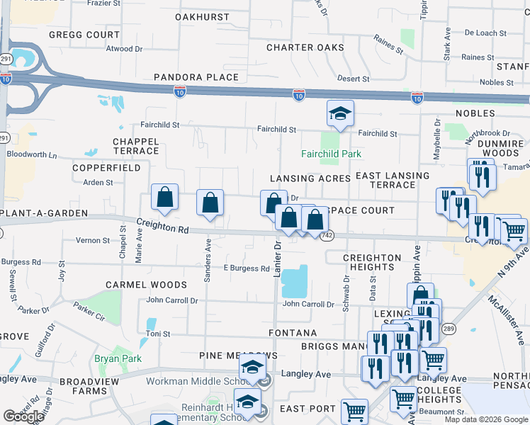 map of restaurants, bars, coffee shops, grocery stores, and more near 7007 Lanier Drive in Pensacola