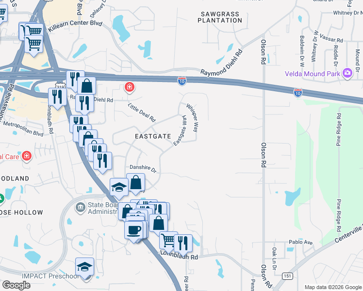 map of restaurants, bars, coffee shops, grocery stores, and more near 3205 Shimmy Lane in Tallahassee