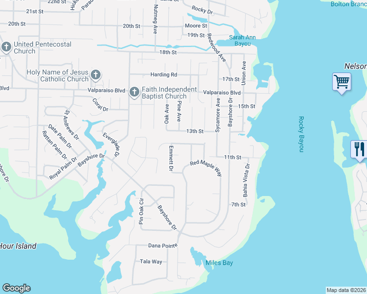 map of restaurants, bars, coffee shops, grocery stores, and more near 721 Persimmon Way in Niceville