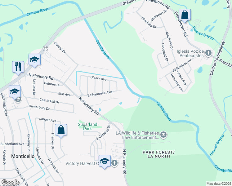 map of restaurants, bars, coffee shops, grocery stores, and more near 13518 East Shamrock Avenue in Baton Rouge