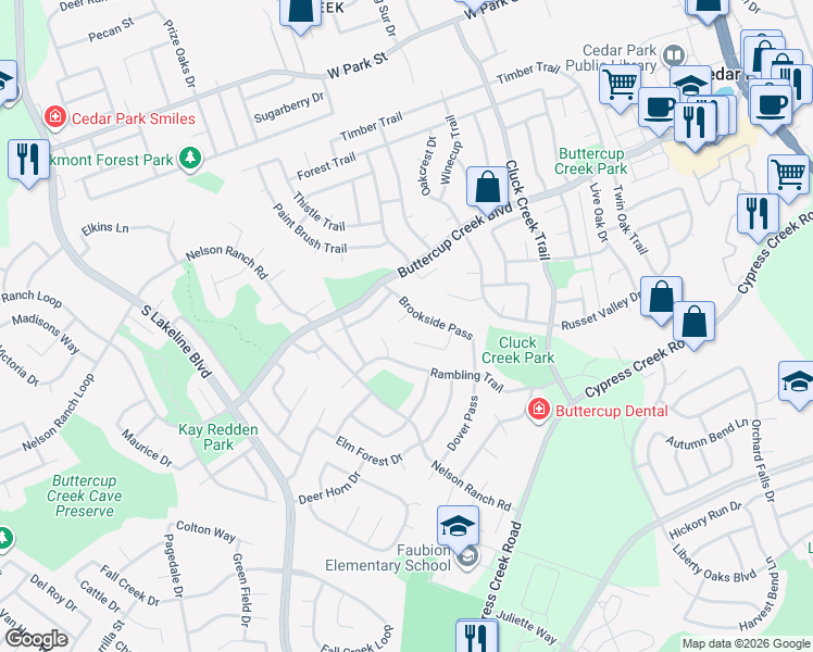map of restaurants, bars, coffee shops, grocery stores, and more near 605 Brookside Pass in Cedar Park