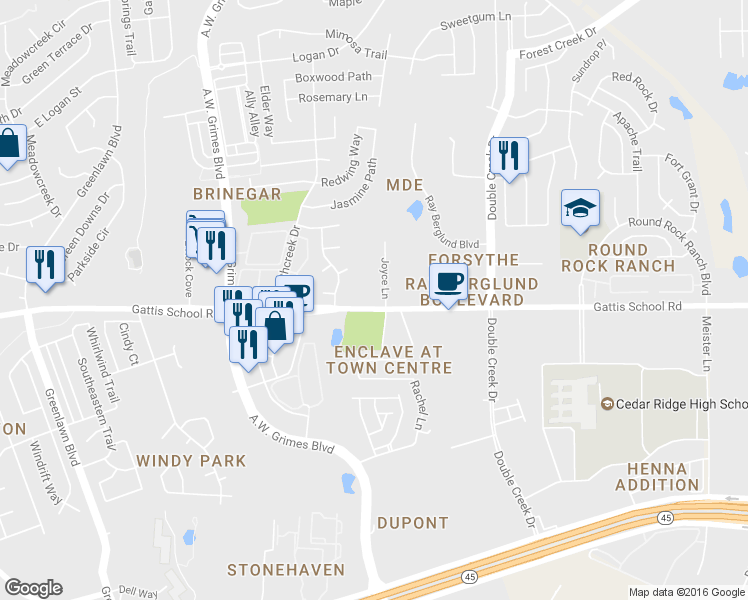 map of restaurants, bars, coffee shops, grocery stores, and more near 1410 Joyce Lane in Round Rock
