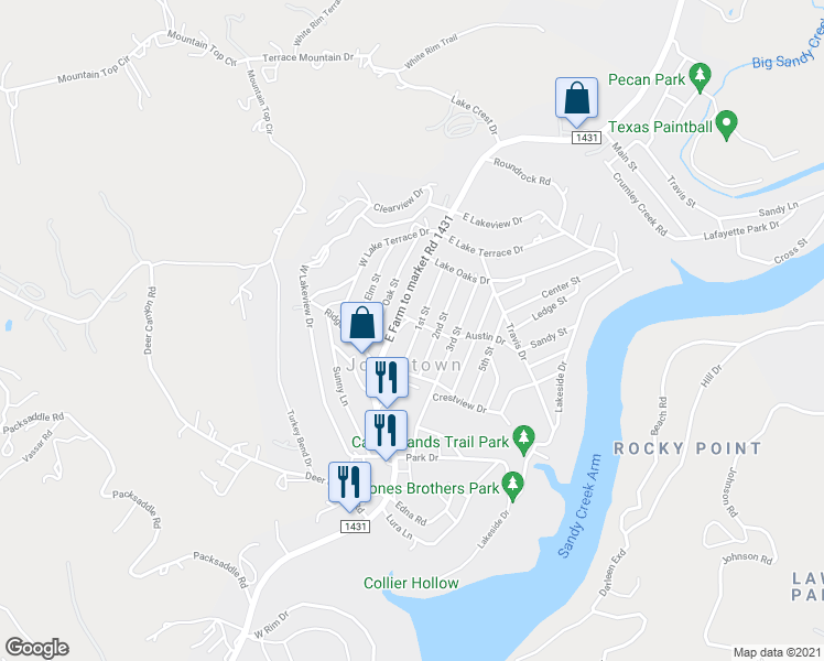map of restaurants, bars, coffee shops, grocery stores, and more near 11006 1st Street in Jonestown