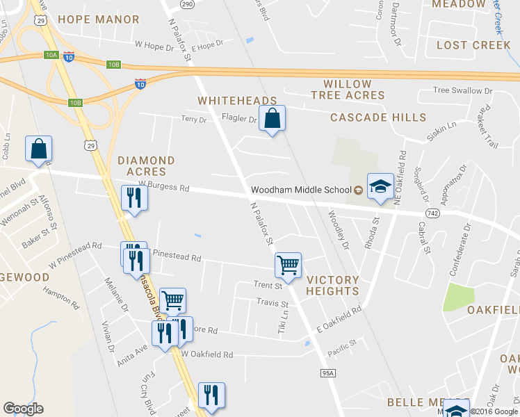 map of restaurants, bars, coffee shops, grocery stores, and more near 27 West Burgess Road in Pensacola