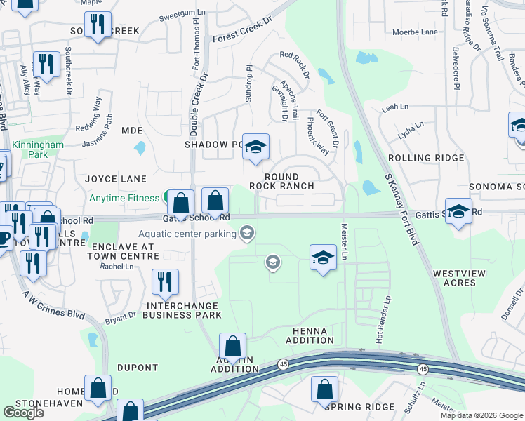 map of restaurants, bars, coffee shops, grocery stores, and more near 1707 Rosenborough Cove in Round Rock