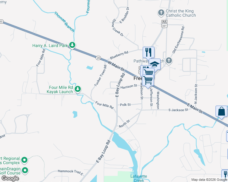 map of restaurants, bars, coffee shops, grocery stores, and more near 55 Van Buren Street in Freeport