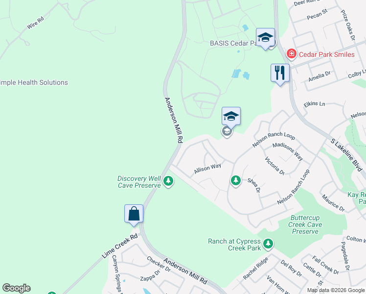 map of restaurants, bars, coffee shops, grocery stores, and more near 2407 Erica Kaitlin Lane in Cedar Park