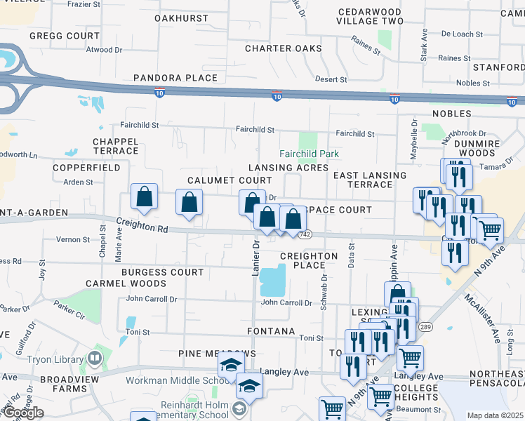 map of restaurants, bars, coffee shops, grocery stores, and more near 7004 Lanier Drive in Pensacola