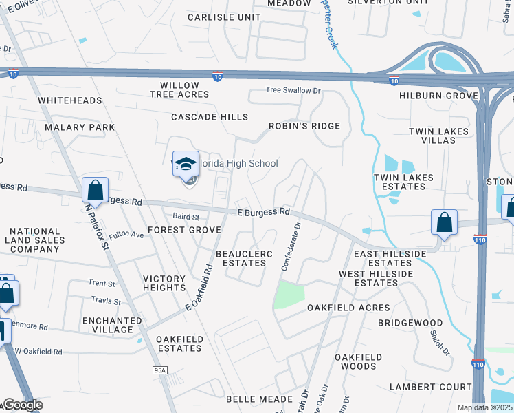 map of restaurants, bars, coffee shops, grocery stores, and more near 6005 Songbird Drive in Pensacola