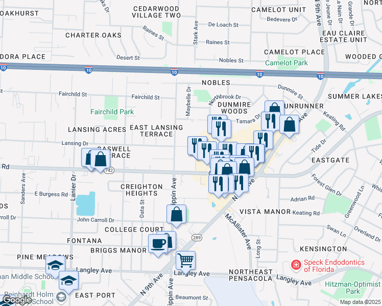 map of restaurants, bars, coffee shops, grocery stores, and more near 7108 Tippin Avenue in Pensacola