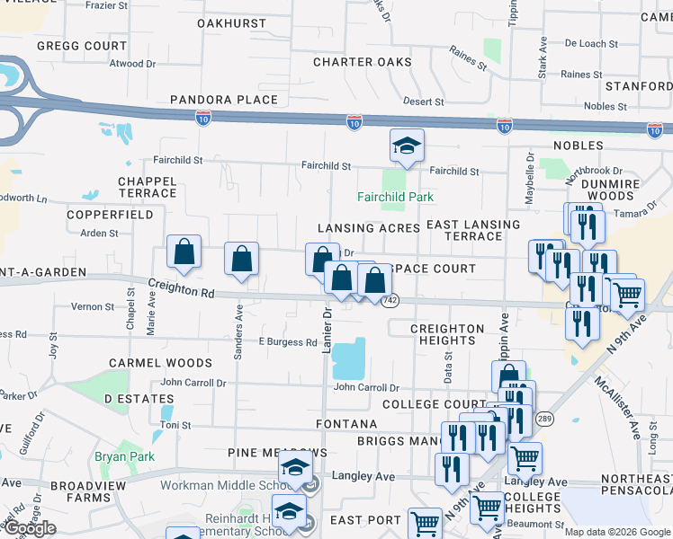 map of restaurants, bars, coffee shops, grocery stores, and more near 1917 Lansing Drive in Pensacola