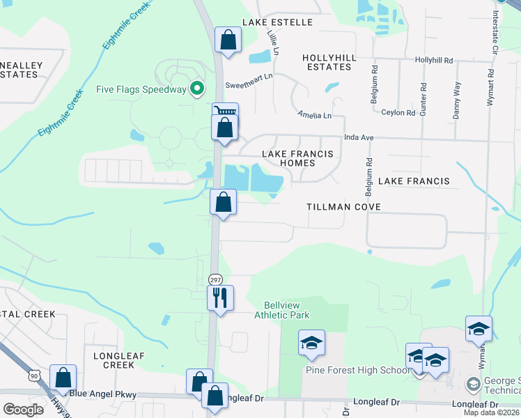 map of restaurants, bars, coffee shops, grocery stores, and more near 1961 Nature Lane in Pensacola