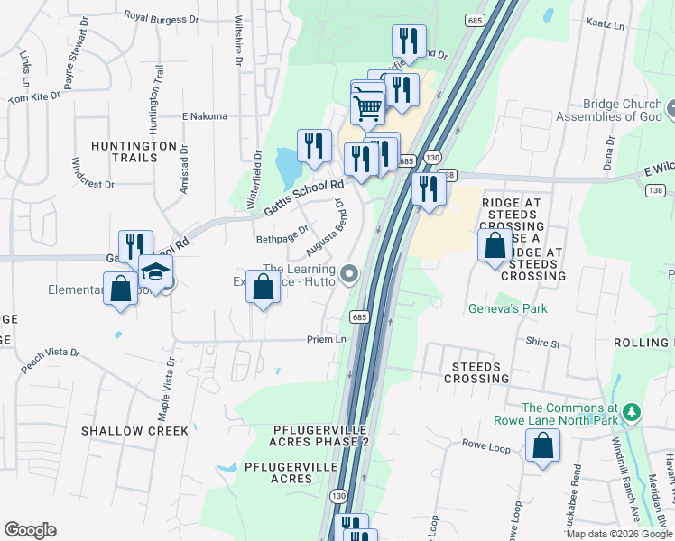 map of restaurants, bars, coffee shops, grocery stores, and more near 1201 White Moss Drive in Hutto