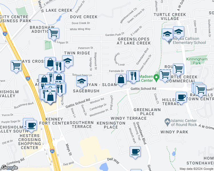 map of restaurants, bars, coffee shops, grocery stores, and more near 1501 Lawnmont Drive in Round Rock