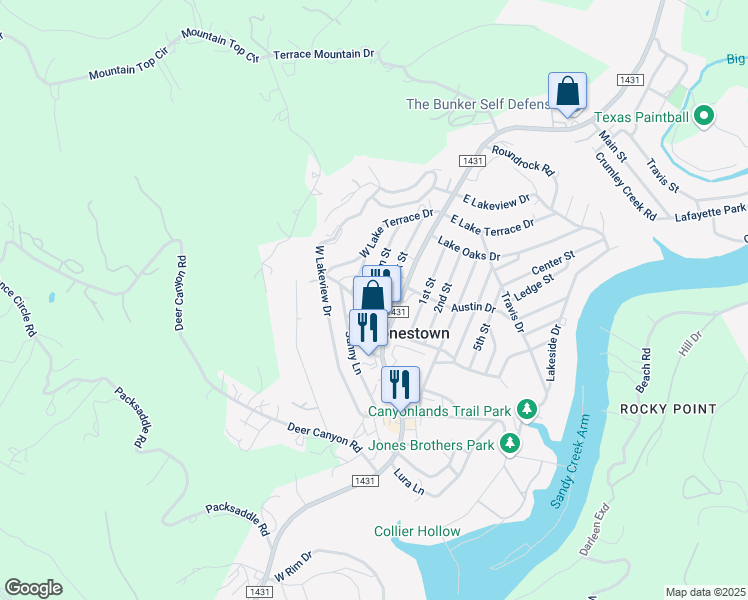 map of restaurants, bars, coffee shops, grocery stores, and more near 11000 Oak Street in Jonestown
