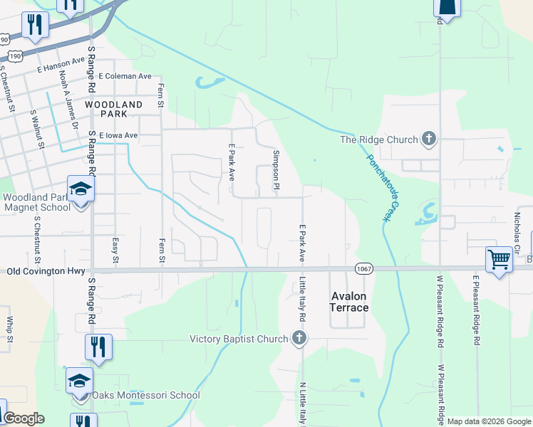 map of restaurants, bars, coffee shops, grocery stores, and more near 1679-1723 East Park Avenue in Hammond