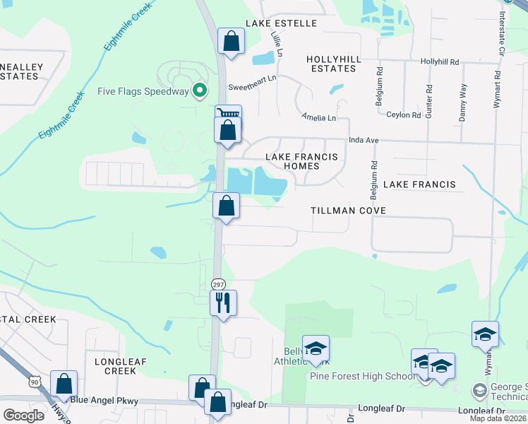 map of restaurants, bars, coffee shops, grocery stores, and more near 1961 Nature Lane in Pensacola