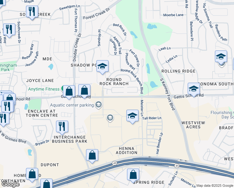 map of restaurants, bars, coffee shops, grocery stores, and more near 1723 Rosenborough Lane South in Round Rock