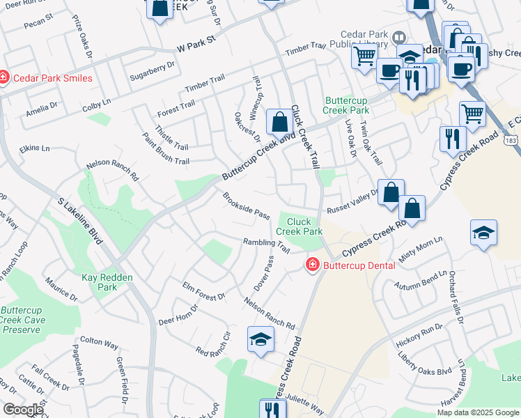 map of restaurants, bars, coffee shops, grocery stores, and more near 618 Brookside Pass in Cedar Park