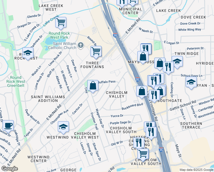 map of restaurants, bars, coffee shops, grocery stores, and more near 504 Buckskin Drive in Round Rock