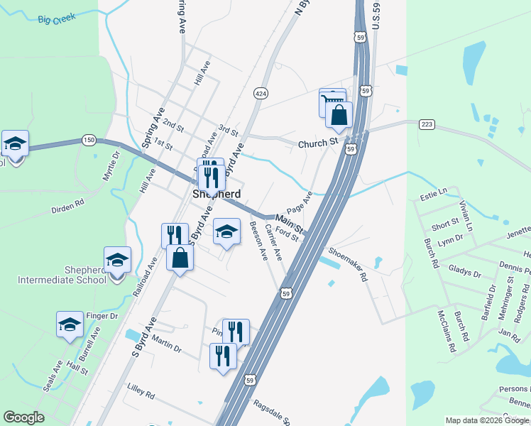 map of restaurants, bars, coffee shops, grocery stores, and more near 11250 Texas 150 in Shepherd