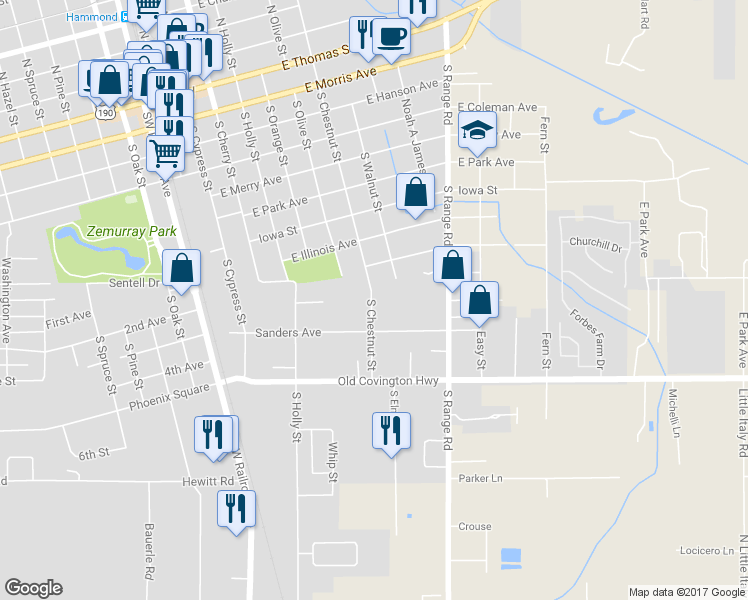 map of restaurants, bars, coffee shops, grocery stores, and more near 1001 South Chestnut Street in Hammond