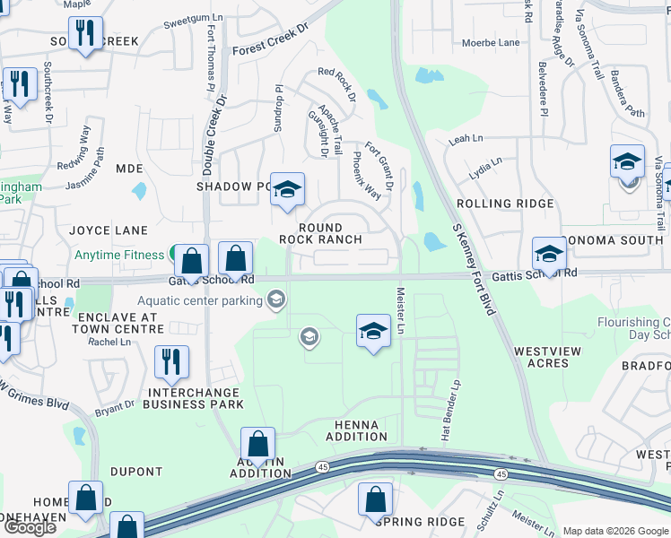 map of restaurants, bars, coffee shops, grocery stores, and more near 1723 Rosenborough Lane South in Round Rock