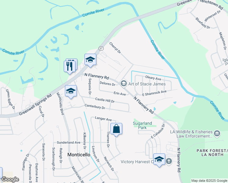 map of restaurants, bars, coffee shops, grocery stores, and more near 12737 Erin Avenue in Baton Rouge