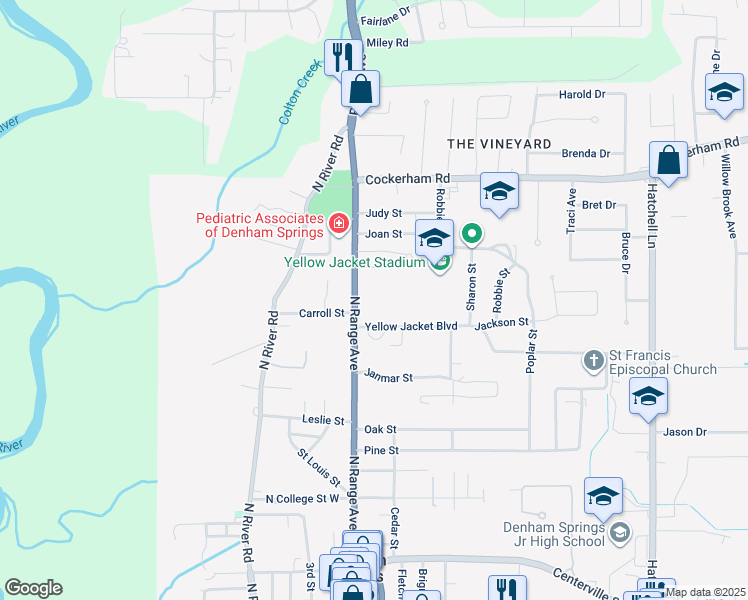 map of restaurants, bars, coffee shops, grocery stores, and more near 1000 North Range Avenue in Denham Springs