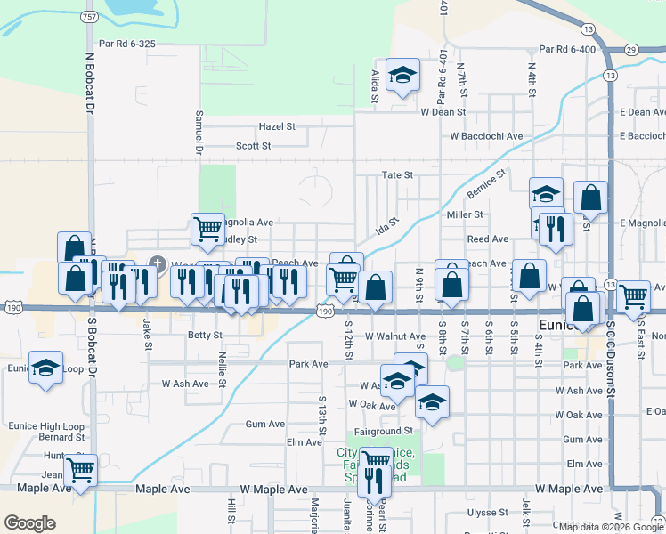 map of restaurants, bars, coffee shops, grocery stores, and more near 1351 W Peach Ave in Eunice