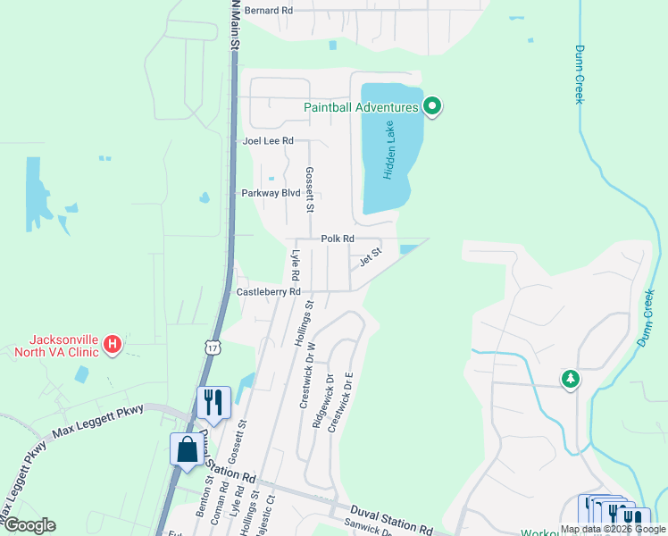 map of restaurants, bars, coffee shops, grocery stores, and more near 14309 Alexis Road in Jacksonville